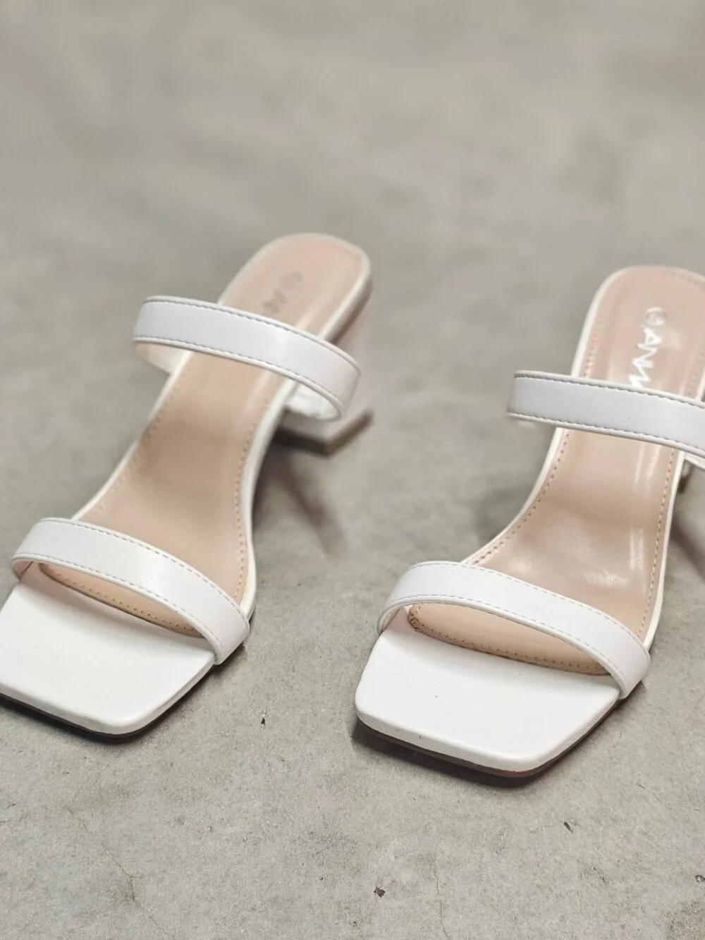 White Faux Leather Block Heel Sandals With Double Straps & Square Toe For Women